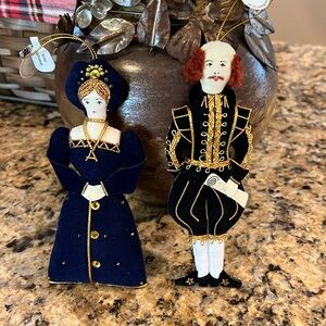 Vintage felt ornaments of Shakespeare and Anne Hathaway